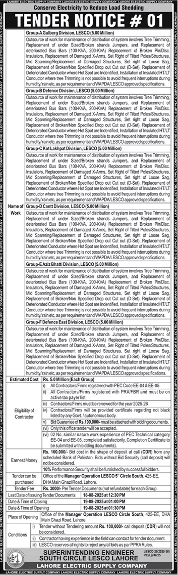 Lahore Electric Supply Company Tender Notice
